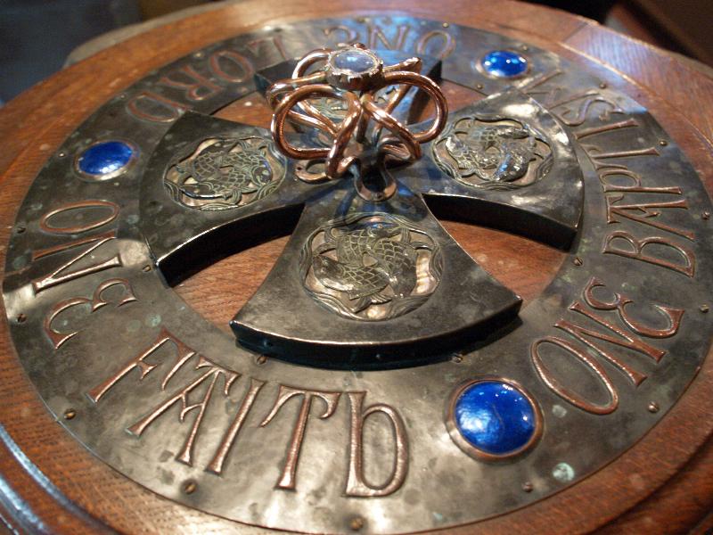 Nether Alderley, England: St Mary: font decorative bronze lid (1924, artist Harold Stabler)