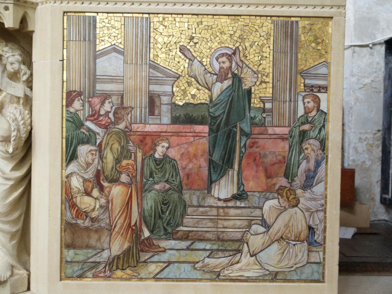 Waterbeach, England: St John the Evangelist: Saint Paul preaching to crowd in Athens, pulpit