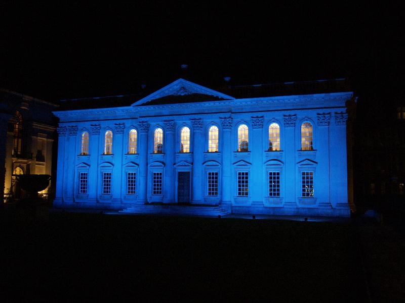 Cambridge, England: Senate House: bathed in blue light at night