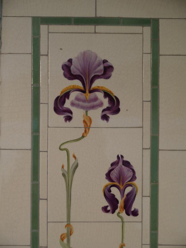 Cambridge, England: Martin Centre: iris fireplace tiles