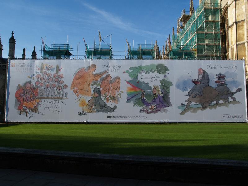 Cambridge, England: King's Parade: 800th anniversary banner (2009, artist Quentin Blake)