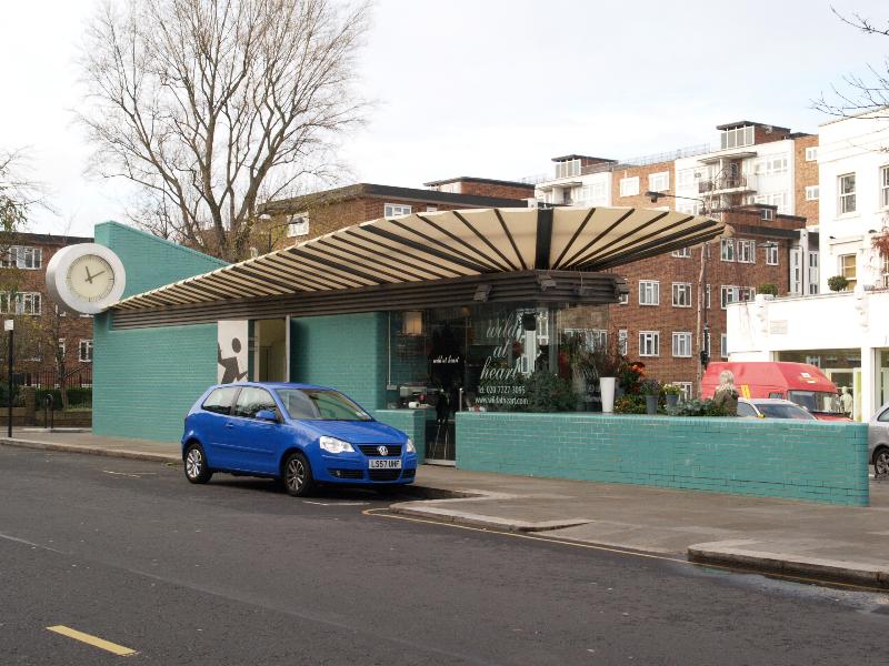 London, England: Turquoise Island, Westbourne Grove: Wild At Heart florists and toilet block (c 1994, architect Piers Gough)