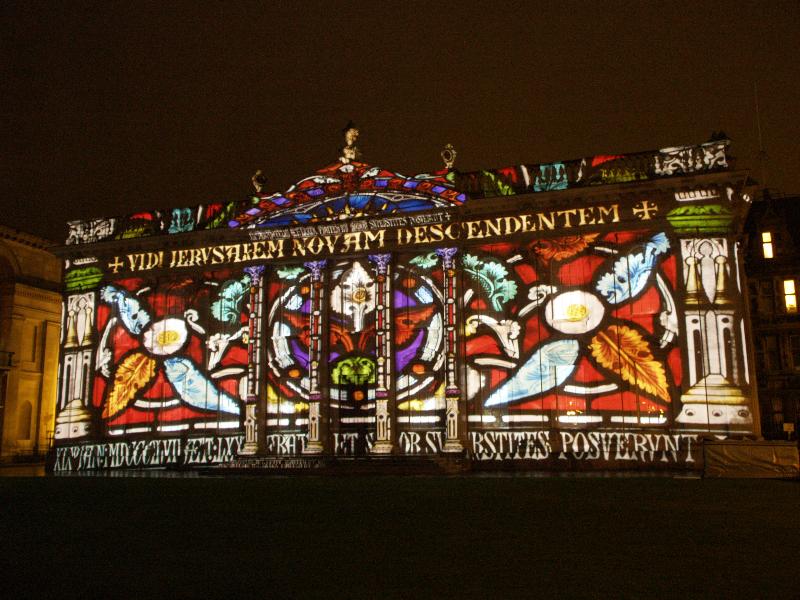 Cambridge, England: Senate House: light show: stained glass (Cambridge University 800th anniversary light show, officially 16-18 January 2010, light artist Ross Ashton)