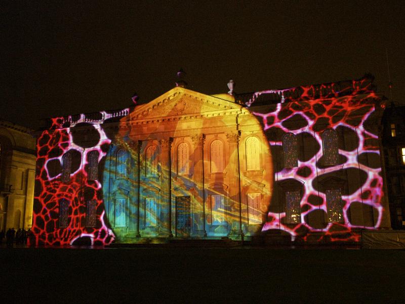 Cambridge, England: Senate House: light show: planet and cells (Cambridge University 800th anniversary light show, officially 16-18 January 2010, light artist Ross Ashton)