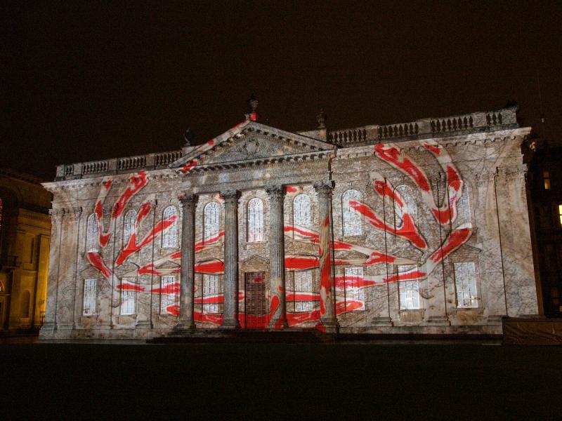 Cambridge, England: Senate House: light show: cell dividing (Cambridge University 800th anniversary light show, officially 16-18 January 2010, light artist Ross Ashton)