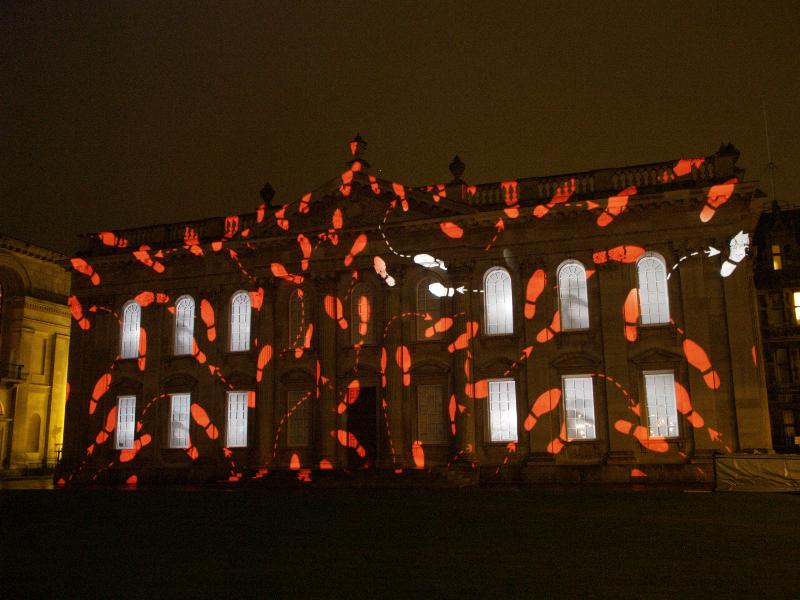 Cambridge, England: Senate House: light show: dance (Cambridge University 800th anniversary light show, officially 16-18 January 2010, light artist Ross Ashton)