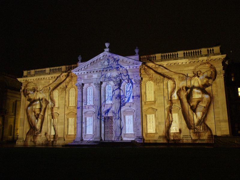 Cambridge, England: Senate House: light show: art and anatomy (Cambridge University 800th anniversary light show, officially 16-18 January 2010, light artist Ross Ashton)