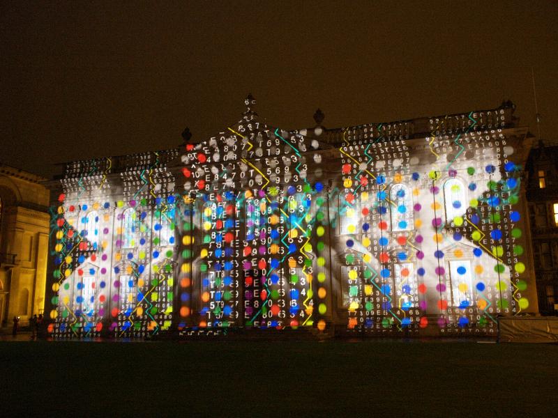 Cambridge, England: Senate House: light show: sound and science (Cambridge University 800th anniversary light show, officially 16-18 January 2010, light artist Ross Ashton)