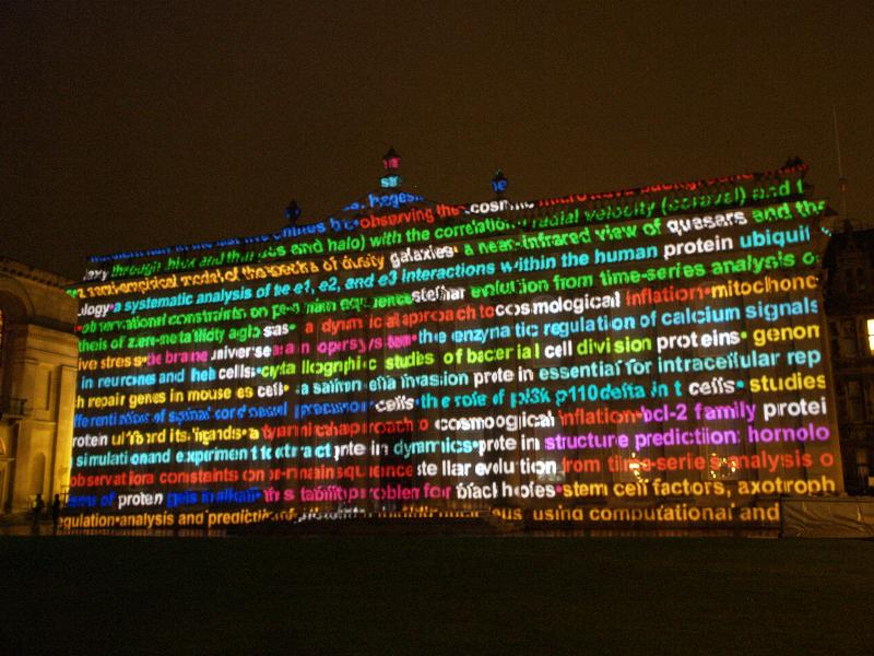 Cambridge, England: Senate House: light show: science words (Cambridge University 800th anniversary light show, officially 16-18 January 2010, light artist Ross Ashton)