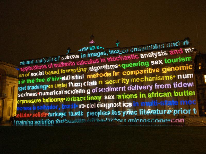 Cambridge, England: Senate House: light show: modelling and sex words (Cambridge University 800th anniversary light show, officially 16-18 January 2010, light artist Ross Ashton)