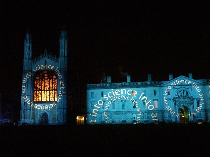 Cambridge, England: Chapel and Gibbs Building: light show: art into science into art (Cambridge University 800th anniversary light show, officially 16-18 January 2010, light artist Ross Ashton)