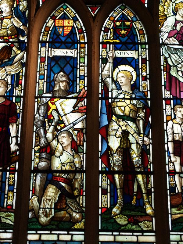 Nottingham, England: High Pavement Chapel: Great War memorial window, knights (1925, maker Kempe & Co.?)