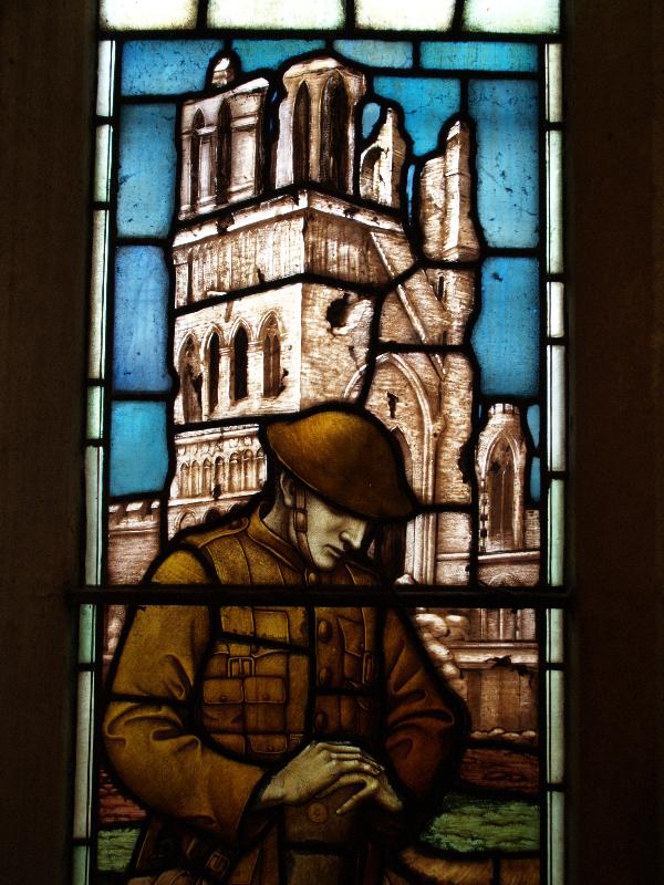 Nottingham, England: High Pavement Chapel: Great War memorial window, army (1925, maker Kempe & Co.?)