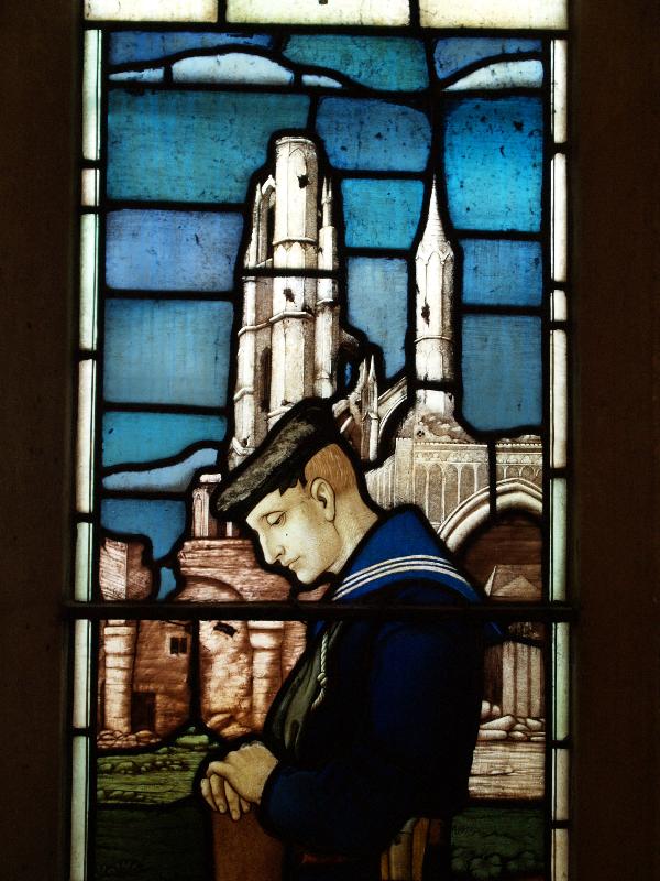 Nottingham, England: High Pavement Chapel: Great War memorial window, navy (1925, maker Kempe & Co.?)