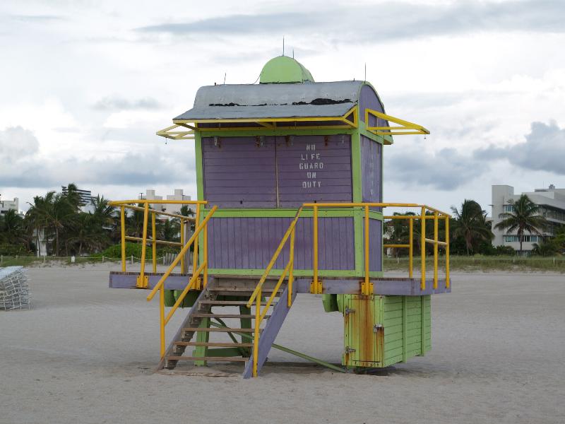 Miami Beach, Florida (FL): beach: lilac, green and yellow beach hut