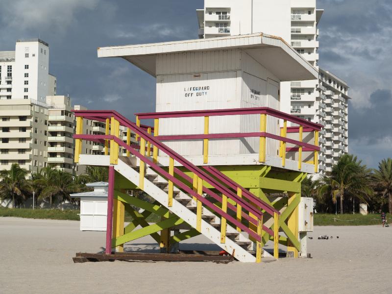 Miami Beach, Florida (FL): beach: white, purple, yellow and green beach hut