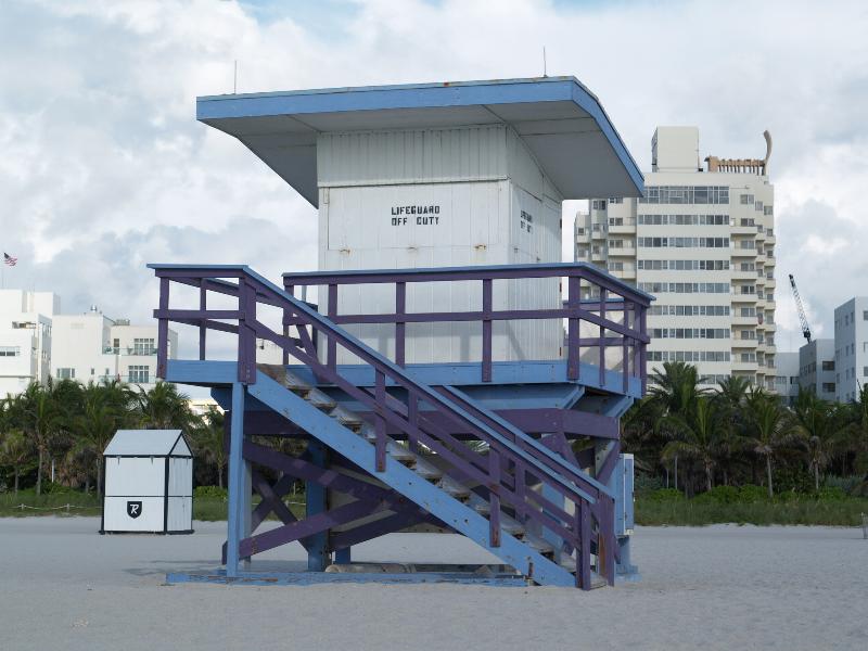 Miami Beach, Florida (FL): beach: white, purple and blue beach hut