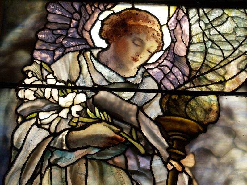 Richmond, Virginia (VA): St Paul's Episcopal Church: The Angels of Goodness and Mercy (Jefferson Davis window), detail (installed 1898, Tiffany Studios, designer Frederick Wilson)