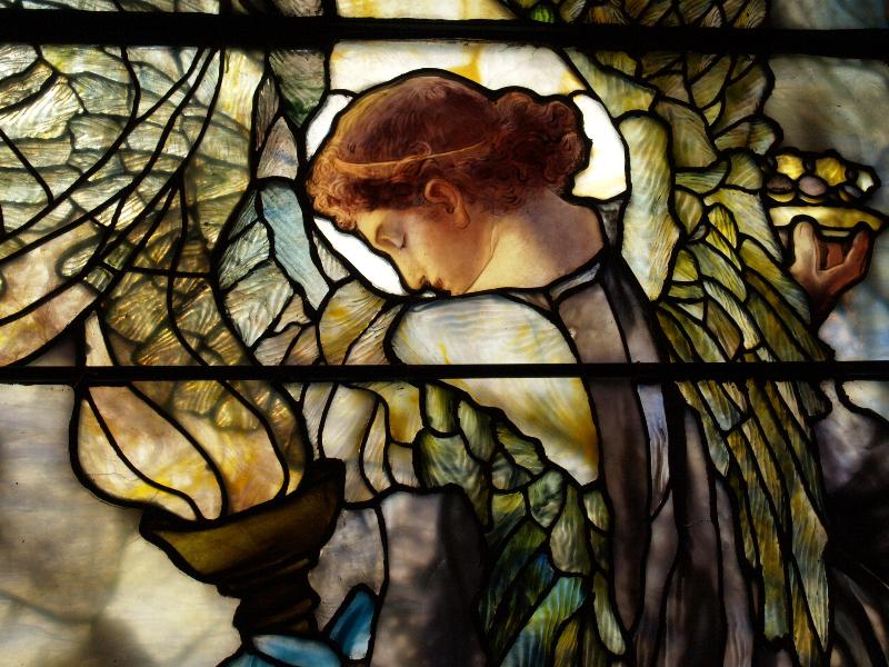 Richmond, Virginia (VA): St Paul's Episcopal Church: The Angels of Goodness and Mercy (Jefferson Davis window), detail (installed 1898, Tiffany Studios, designer Frederick Wilson)