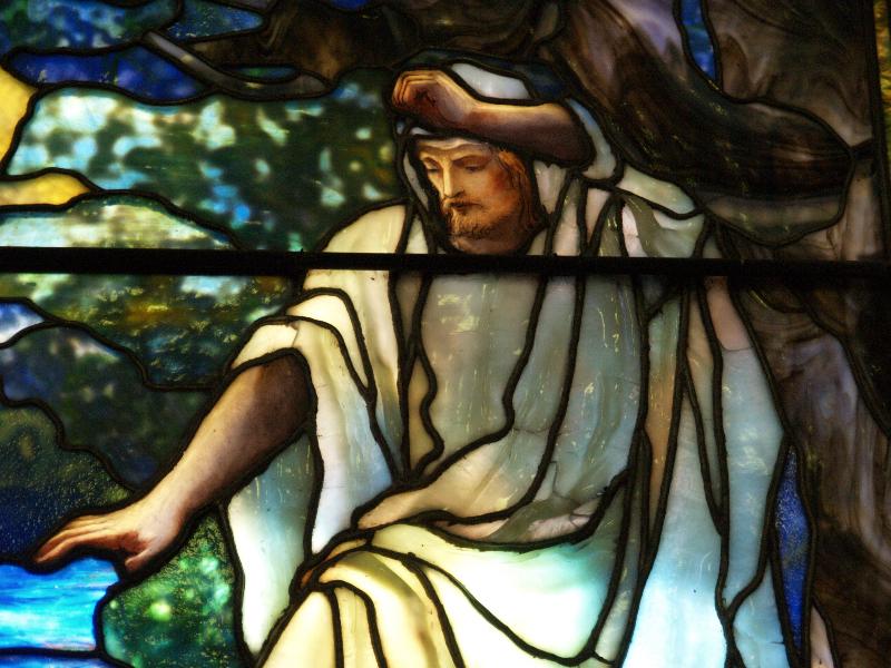 Baltimore, Maryland (MD): Brown Memorial Park Avenue Presbyterian Church: Christ in Gethsemane, detail of Jesus (c 1905, Tiffany Studios)