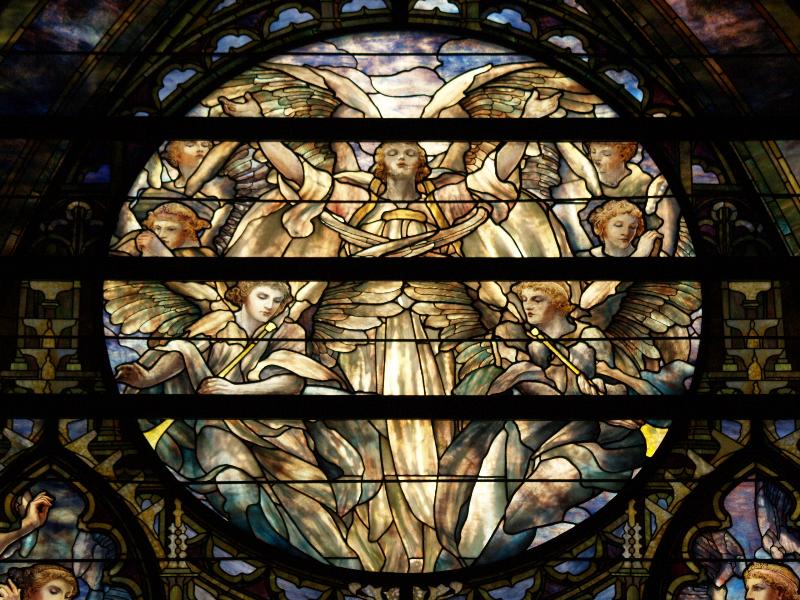 Baltimore, Maryland (MD): Brown Memorial Park Avenue Presbyterian Church: Annunciation to the Shepherds, angels (1905, Tiffany Studios)