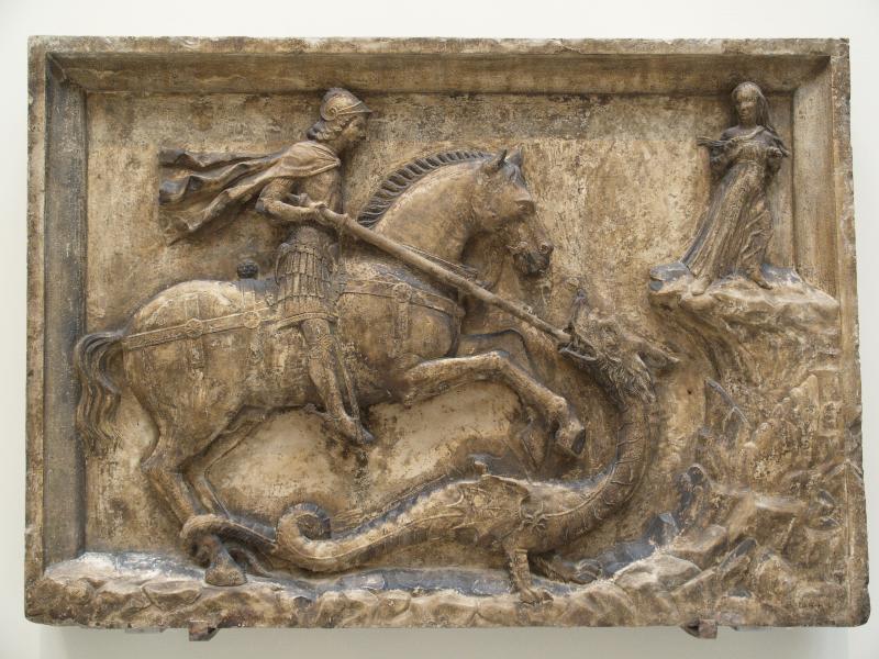 London, England: Victoria and Albert Museum: St George and the Dragon (about 1500, from a house near Ponte dei Bareteri, Venice, Italy)