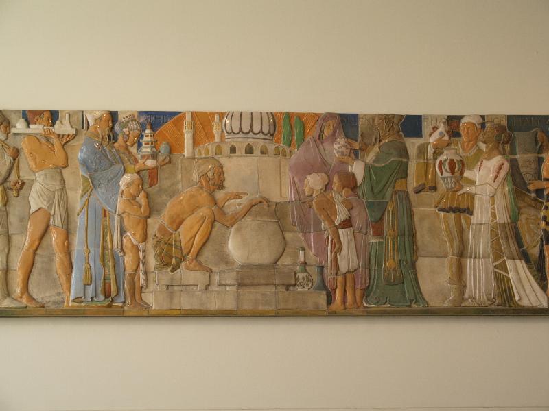 London, England: Victoria and Albert Museum: 'Pottery through the Ages' (from Doulton House, 1939, sculptor Gilbert Bayes, architect T.P. Bennett)