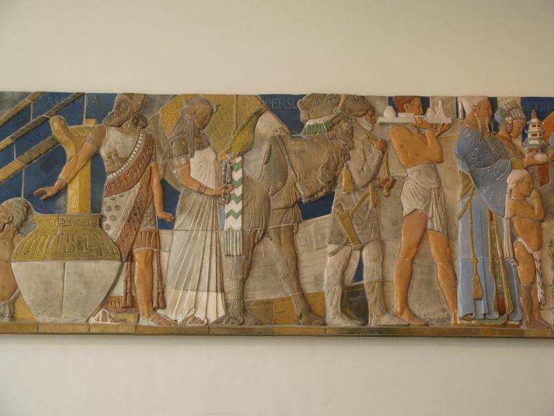 London, England: Victoria and Albert Museum: 'Pottery through the Ages' (from Doulton House, 1939, sculptor Gilbert Bayes, architect T.P. Bennett)