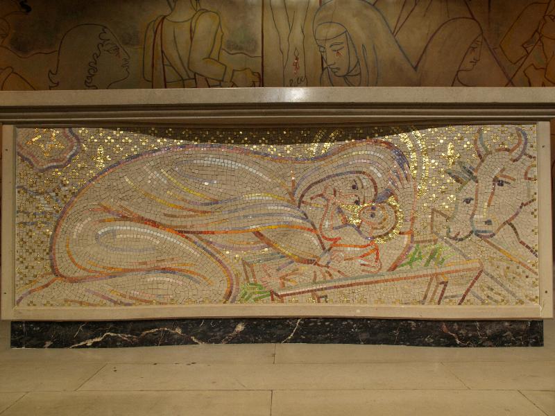 London, England: Leicester Place, Notre Dame de France: mosaic, Birth of Jesus (1954, artist Boris Anrep)