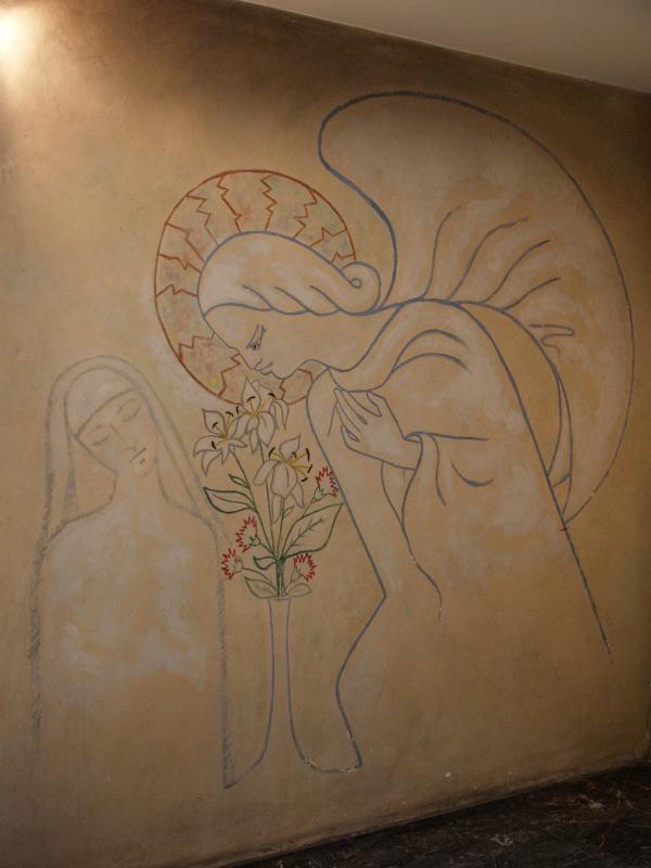 London, England: Leicester Place, Notre Dame de France: mural, Annunciation (1960, Jean Cocteau)