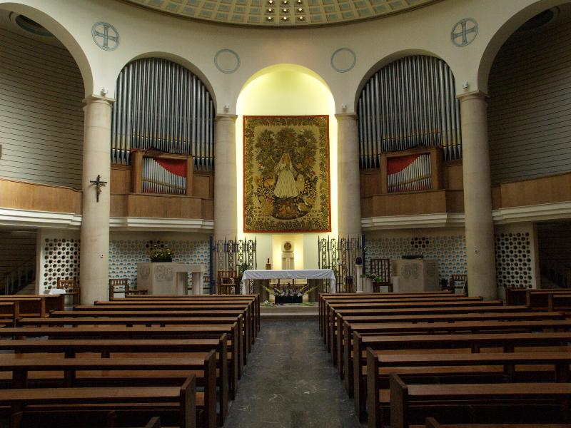 London, England: Leicester Place, Notre Dame de France: interior (1955, architect H.O. Corfiato, Thomson and Partners)