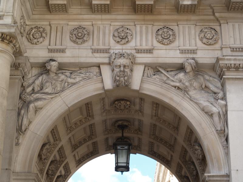 London, England: Whitehall, Foreign and Commonwealth Office: Industry and Justice (1908, sculptor W.S. Frith, architect J.M. Brydon)