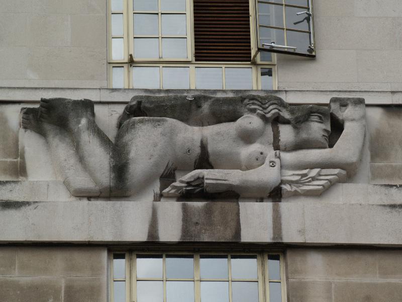 London, England: Broadway, Transport for London (originally London Underground): West Wind (1928-1929, sculptor Samuel Rabinovitch, architect Charles Holden)