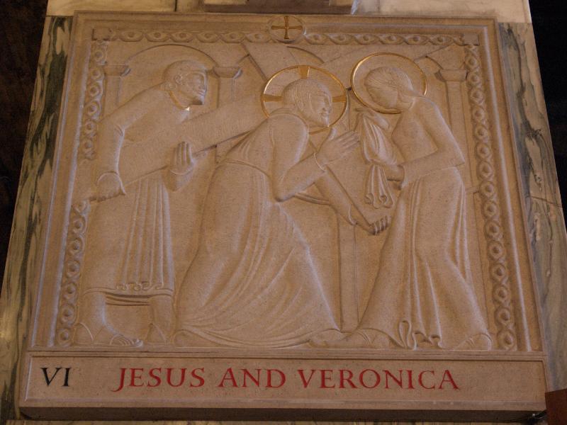 London, England: Westminster Cathedral: Station of the Cross VI, Jesus and Veronica (1916, Eric Gill)
