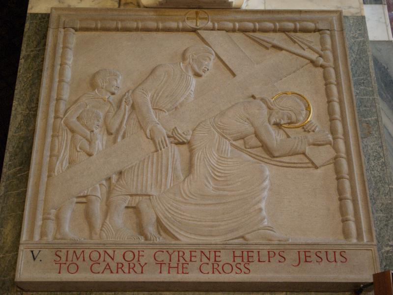 London, England: Westminster Cathedral: Station of the Cross V, Simon of Cyrene Helps Jesus to Carry the Cross (1915, Eric Gill)