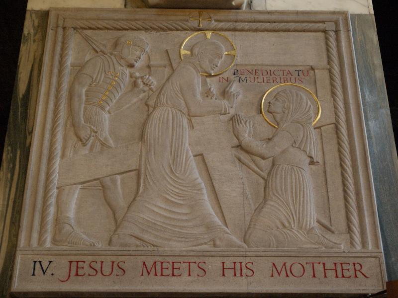 London, England: Westminster Cathedral: Station of the Cross IV, Jesus Meets His Mother (1916, Eric Gill)