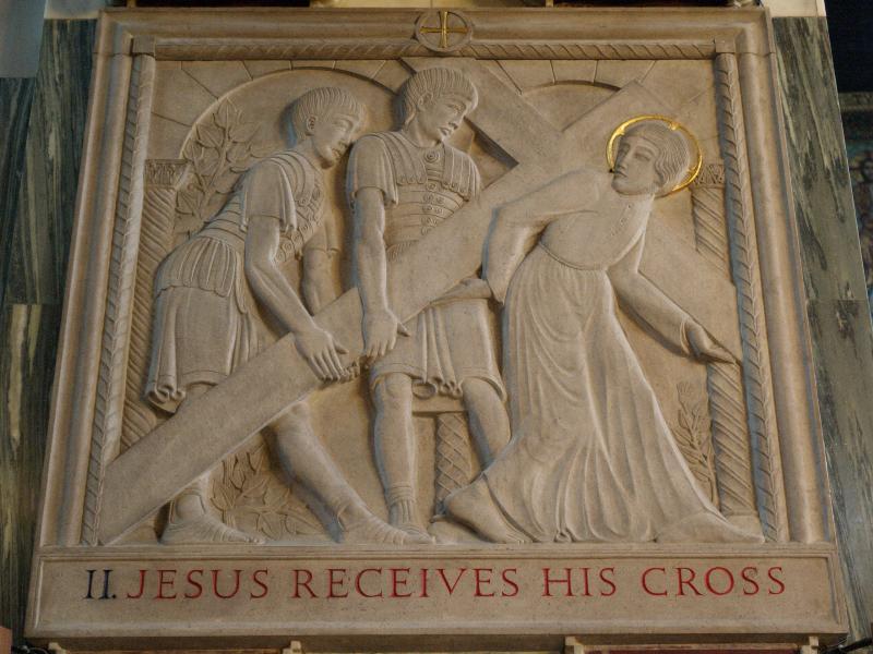 London, England: Westminster Cathedral: Station of the Cross II, Jesus Receives His Cross (1914, Eric Gill)