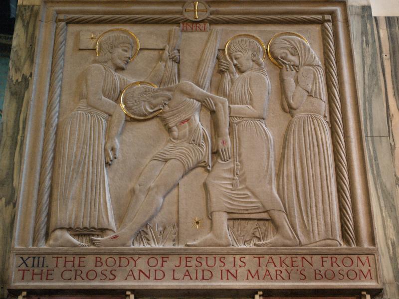 London, England: Westminster Cathedral: Station of the Cross XIII, The Body of Jesus Is Taken from the Cross and Laid in Mary's Bosom (1915, Eric Gill)