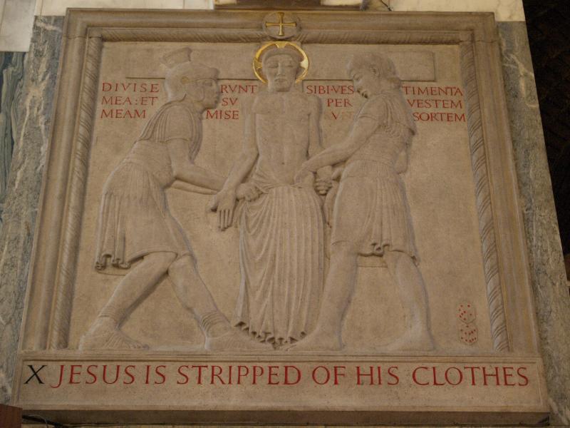 London, England: Westminster Cathedral: Station of the Cross X, Jesus Is Stripped of His Clothes (1914, Eric Gill)