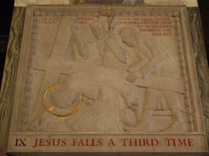 London, England: Westminster Cathedral: Station of the Cross IX, Jesus Falls a Third Time (1917-1918, Eric Gill)