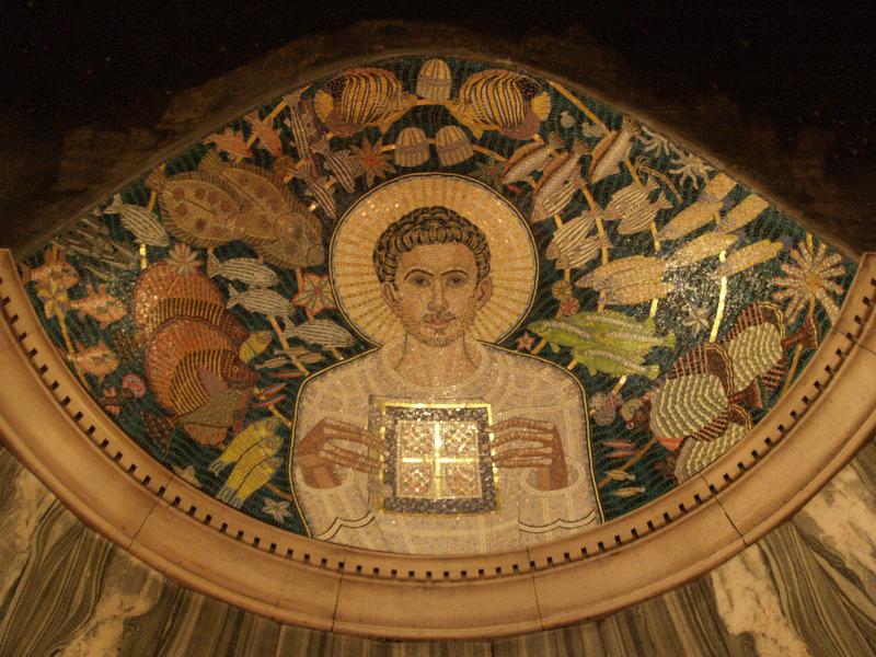 London, England: Westminster Cathedral: St Anthony of Padua, surrounded by fish (2010, Leonard McComb, assembled and installed by Tessa Hunkin's workshop)