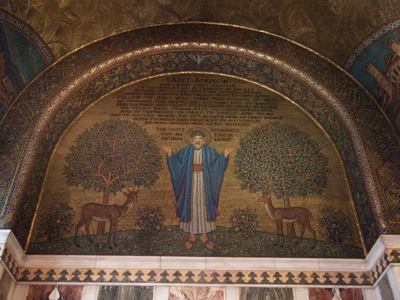 London, England: Westminster Cathedral: Chapel of St Andrew and the Saints of Scotland, Saint Andrew (1914-1915, designed by Robert Weir Schultz, made by Venice and Murano Glass company and James Powell and Sons)