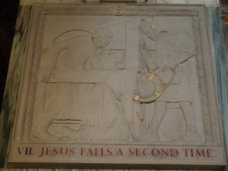 London, England: Westminster Cathedral: Station of the Cross VII, Jesus Falls a Second Time (1917, Eric Gill)
