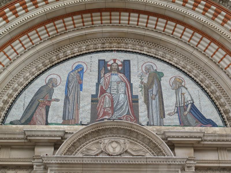 London, England: Westminster Cathedral: tympanum mosaic (1915-16, designed by Robert Anning Bell, installed by James Powell and Sons)