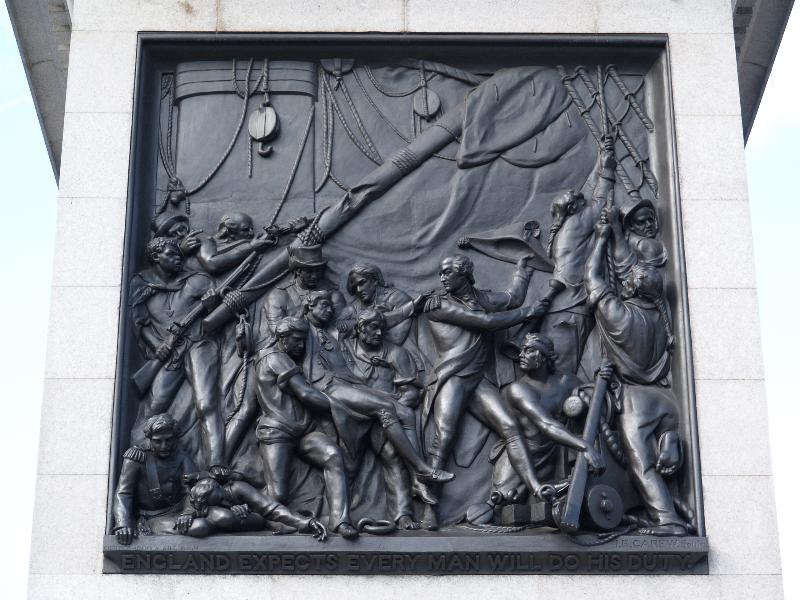 London, England: Trafalgar Square: Nelson's Column south bas-relief panel, death of Nelson (England Expects Every Man Will Do His Duty, 1840s, J.E. Carew)