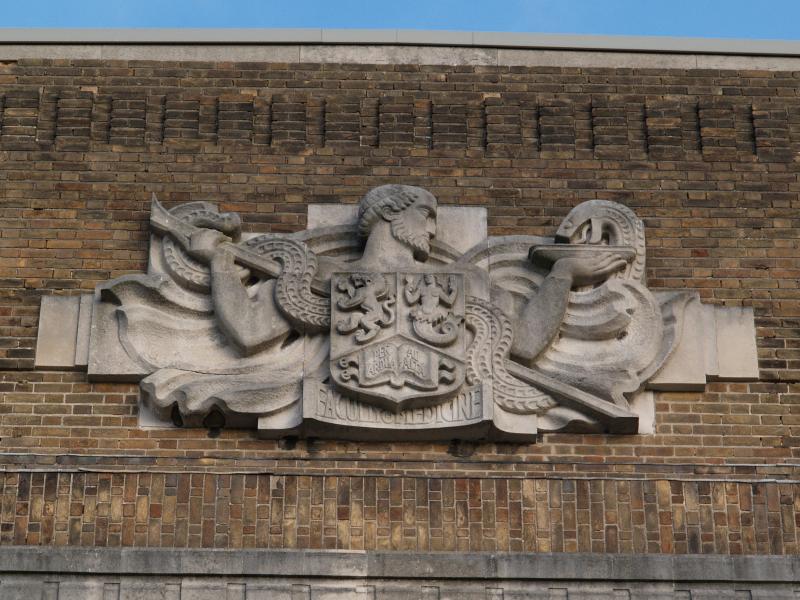 Birmingham, England: University of Birmingham, Medical School: relief of Aesculapius over entrance (1938?, William Bloye)