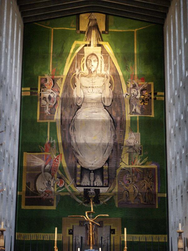 Coventry, England: Coventry Cathedral (St Michael's Cathedral): Christ in Glory, tapestry (1962, Graham Sutherland; cross is by Geoffrey Clarke)