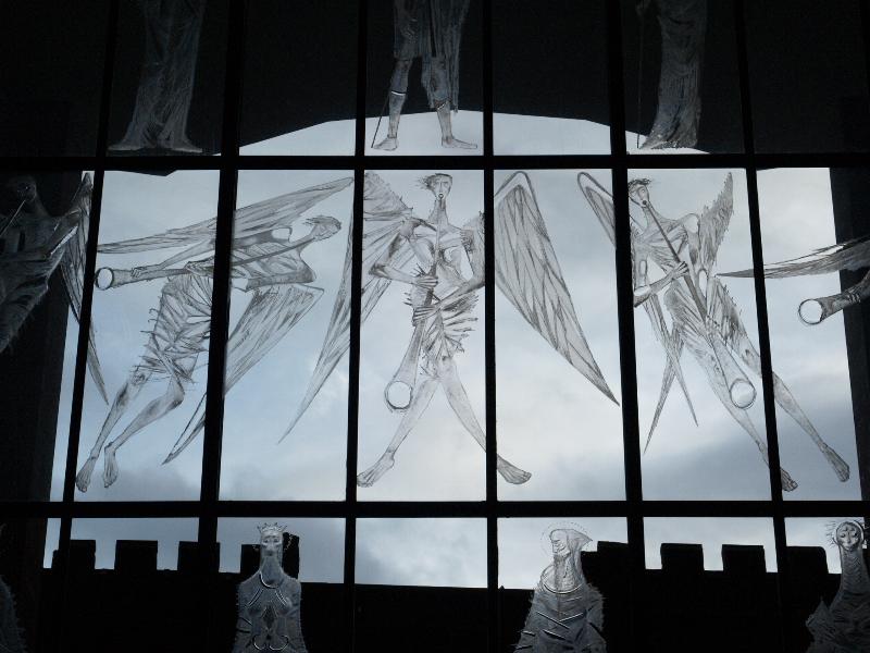 Coventry, England: Coventry Cathedral (St Michael's Cathedral): west screen, angels (Screen of Saints and Angels) (1962, John Hutton)