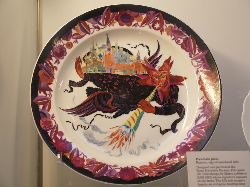 London, England: British Museum: porcelain plate, evil genie bearing away the old order (1923, designed and painted at the State Porcelain Factory, Petrograd, by Maria Lebedeva)