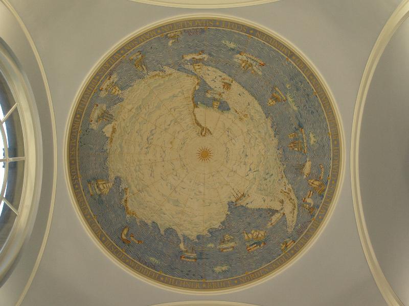 Cambridge, England: Scott Polar Research Institute: drawing of Antarctica on dome ceiling (1934, Macdonald Gill)